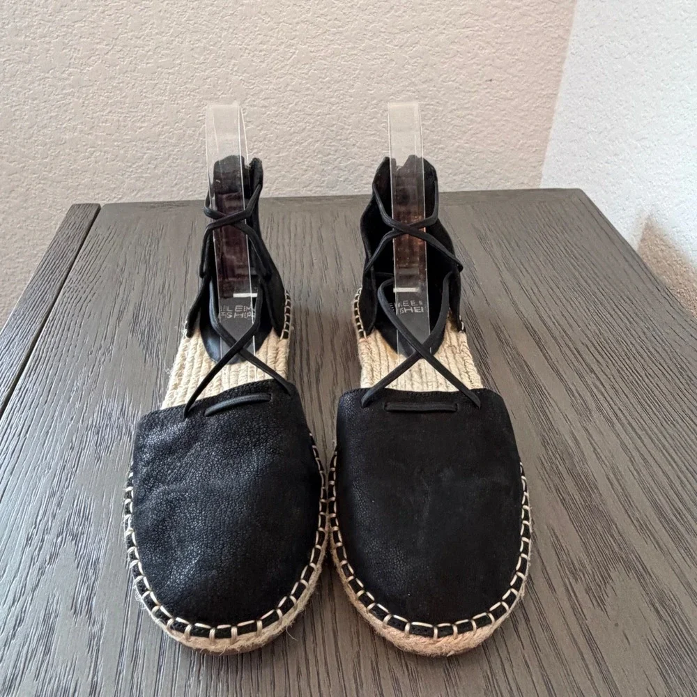 Eileen Fisher Black Suede Lace Up Espadrille Flats Back Zip Sandals‎ 7.5
